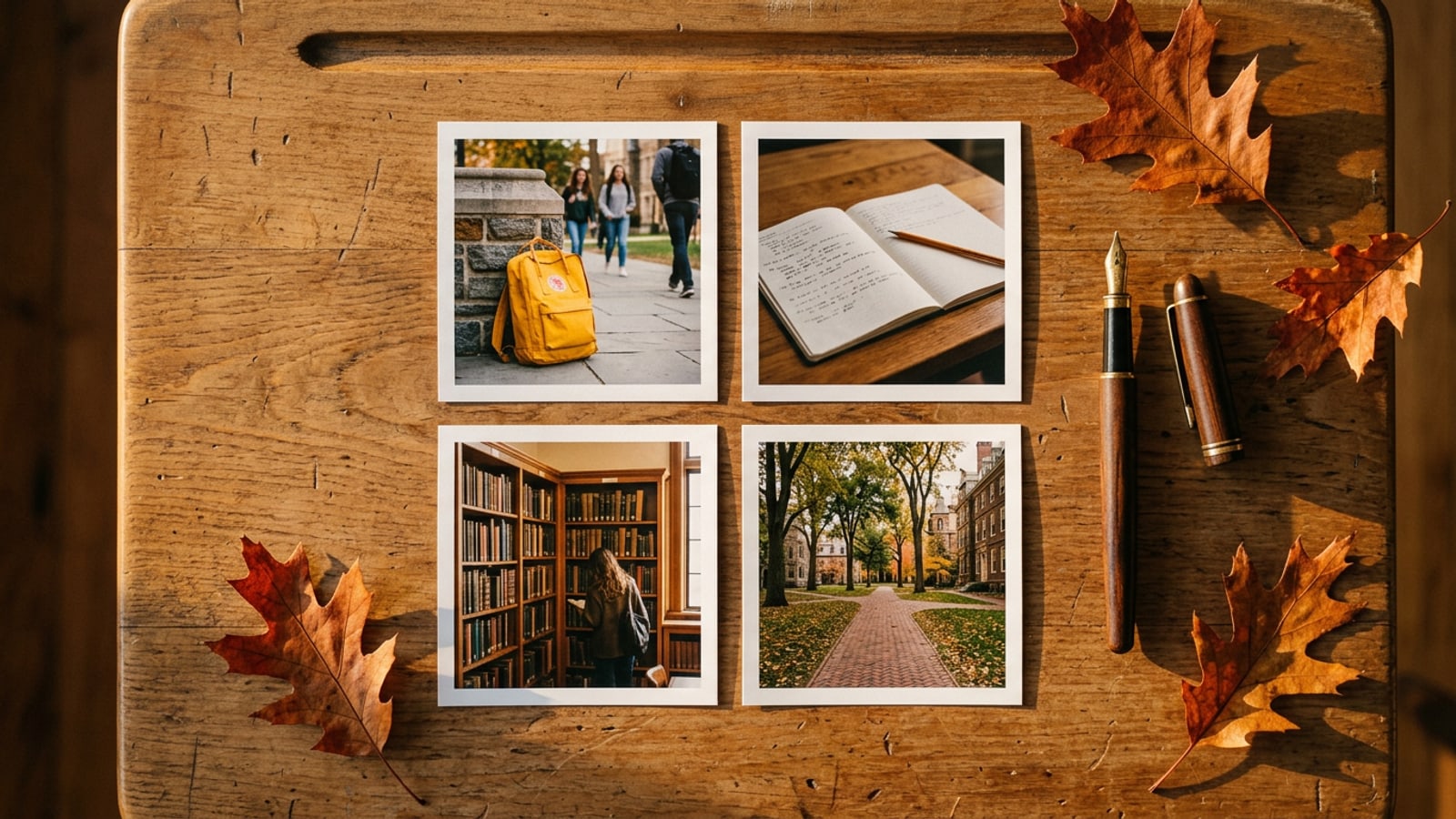 Eine flache Anordnung auf einem Holztisch mit vier Schulbeginn-Fotos in einem Raster mit herbstlicher Dekoration.