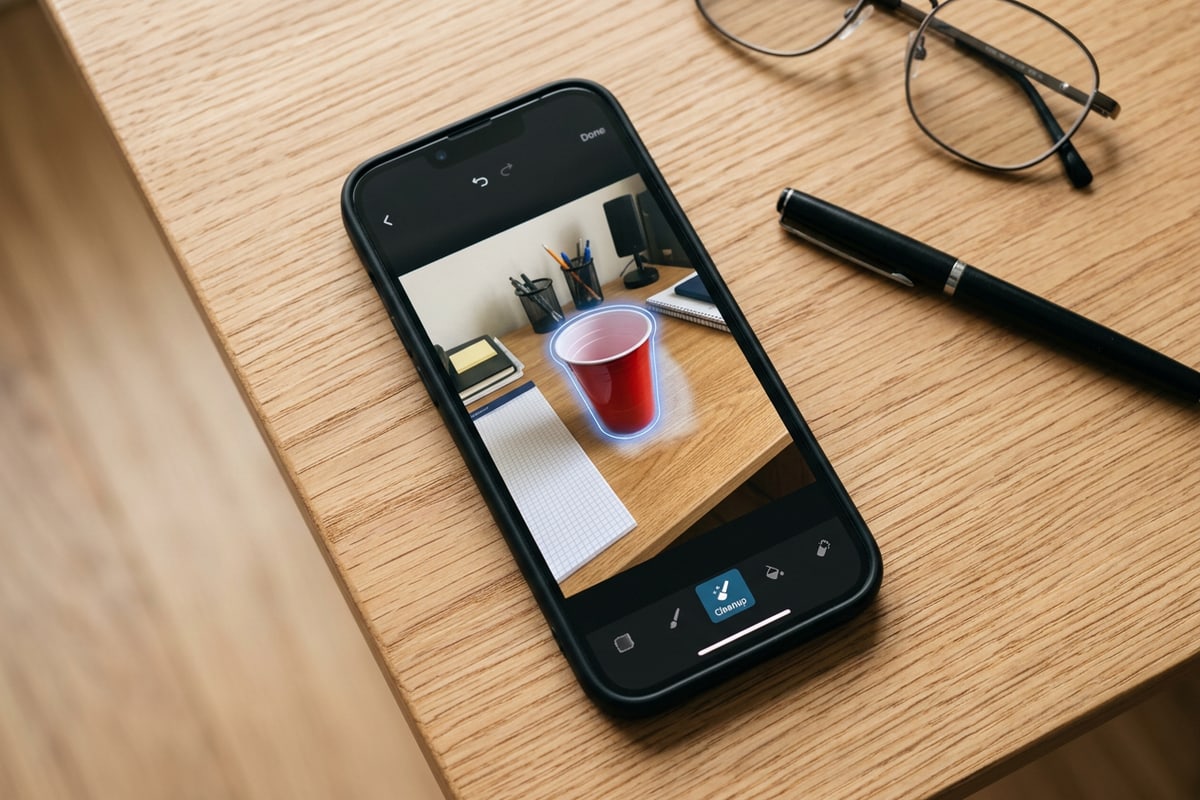 A smartphone displaying an AI object erasure tool cleaning up a student photo background.