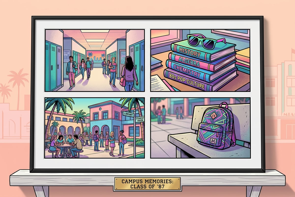 A framed 4-panel aesthetic photo collage displaying school memory photos.