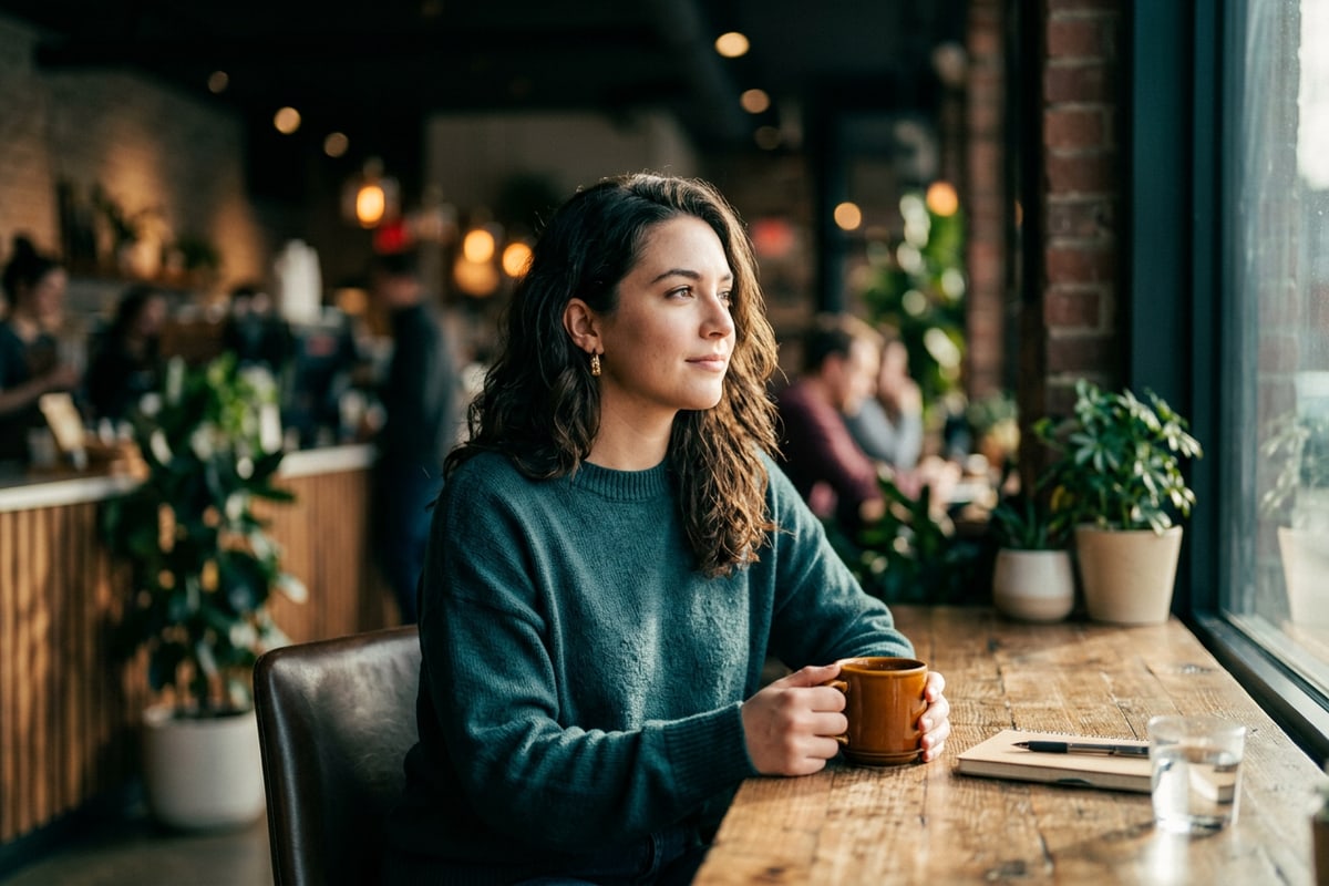 A warm, moodily lit portrait in a cafe demonstrating soft directional window lighting and rich shadows.