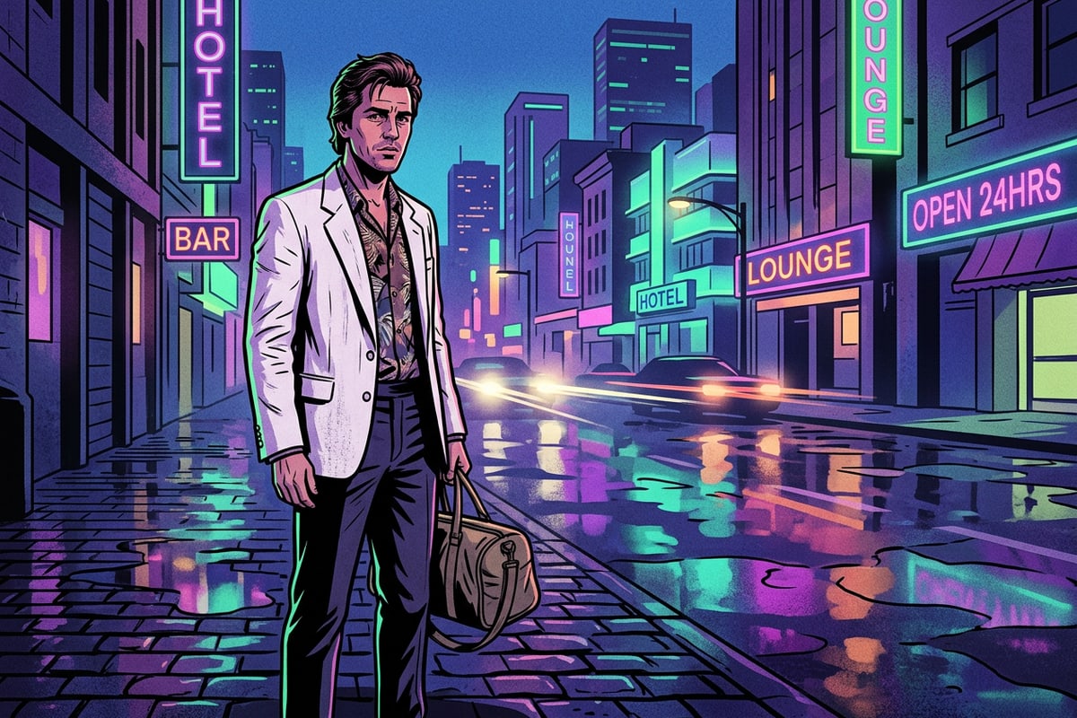 A street portrait featuring a transformed background with rain-slicked pavement and vibrant evening neon reflections.