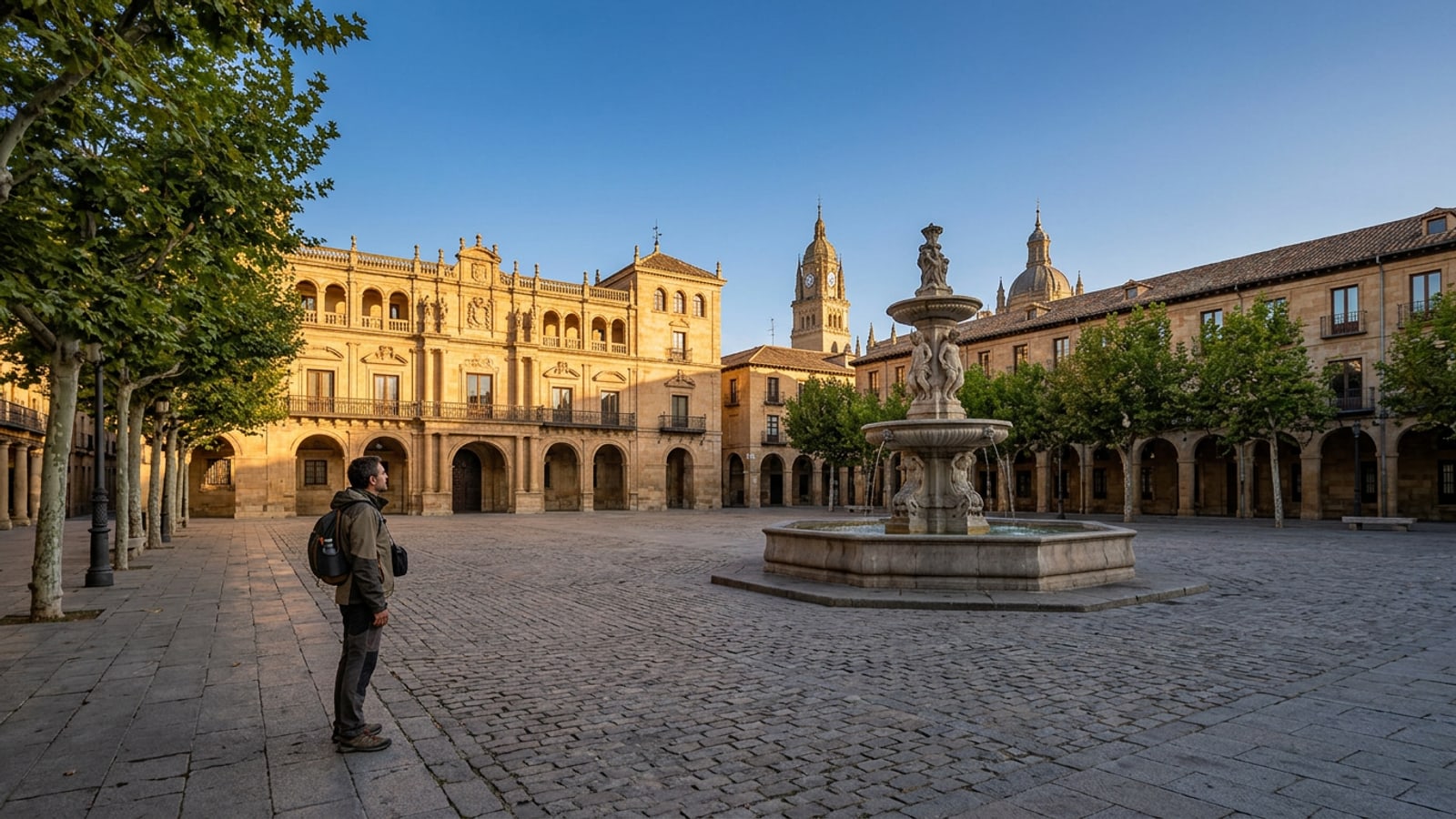 A quiet European plaza bathed in golden hour sunlight with no tourist crowds in the background.