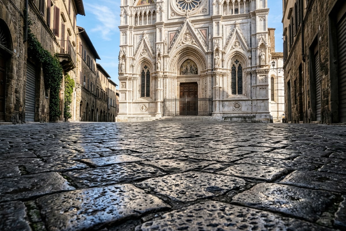 Detailed view of clean stone pavement and cathedral architecture without background crowds.