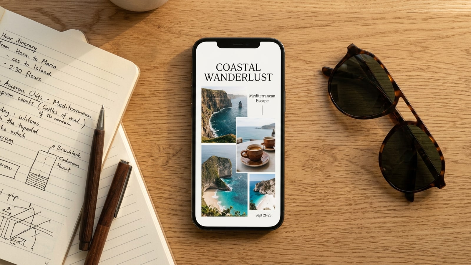 A smartphone on a wooden desk showing a styled one-page travel photo collage alongside travel accessories.