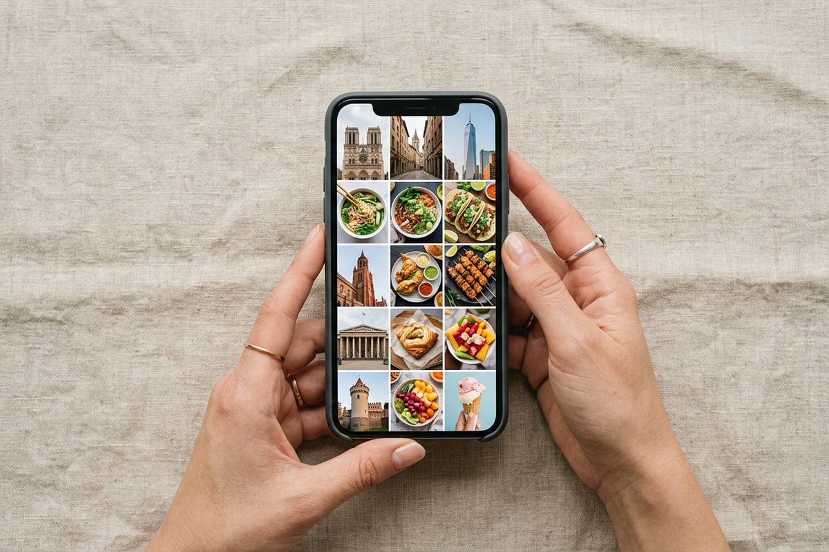 Overhead view of hands holding an iPhone displaying a curated 3x2 grid travel collage.