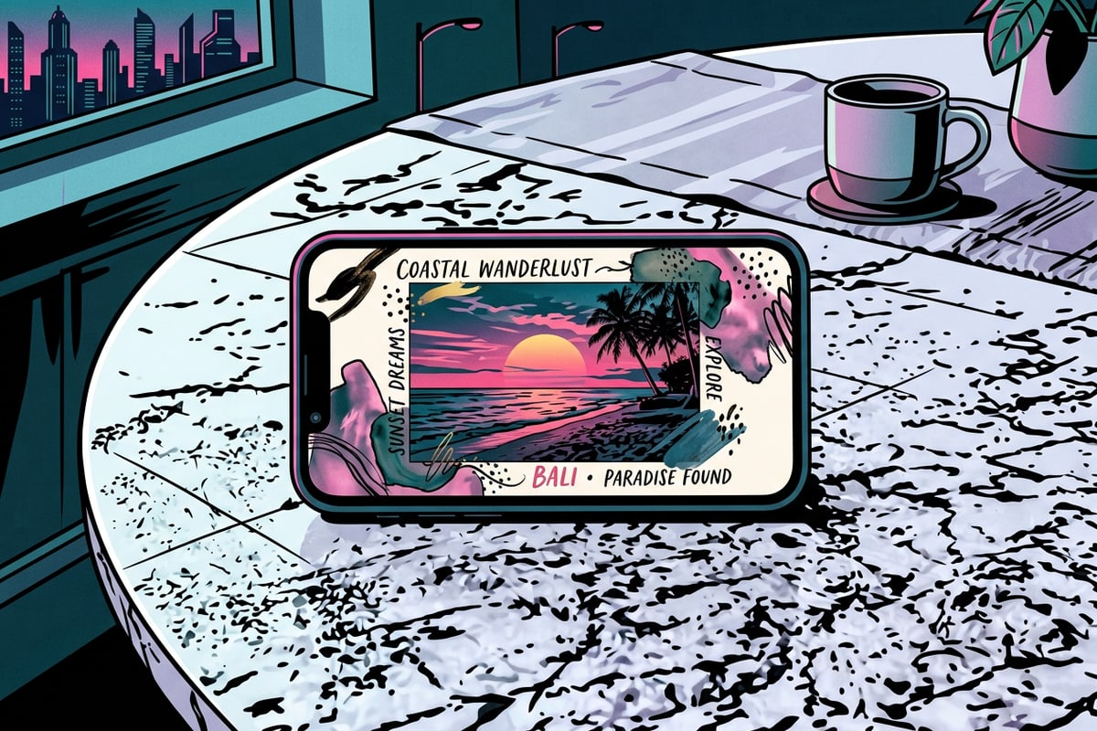 Close-up of a mobile phone displaying a finished travel zine page with handwritten style accents.