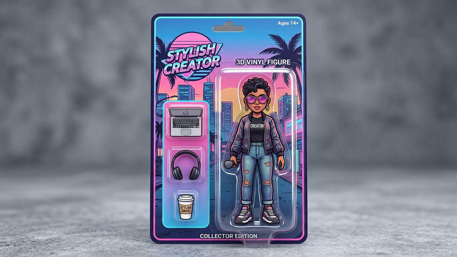 Une figurine de collection en vinyle 3D dans un emballage blister transparent avec des accessoires miniatures sur un fond de studio.