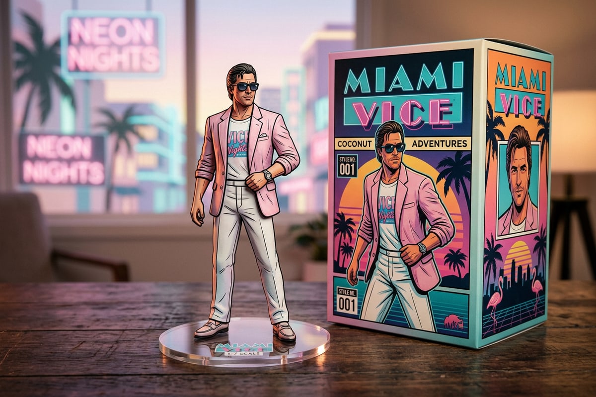 3D vinyl figurine displayed on an acrylic base on a wooden desk next to its packaging box.