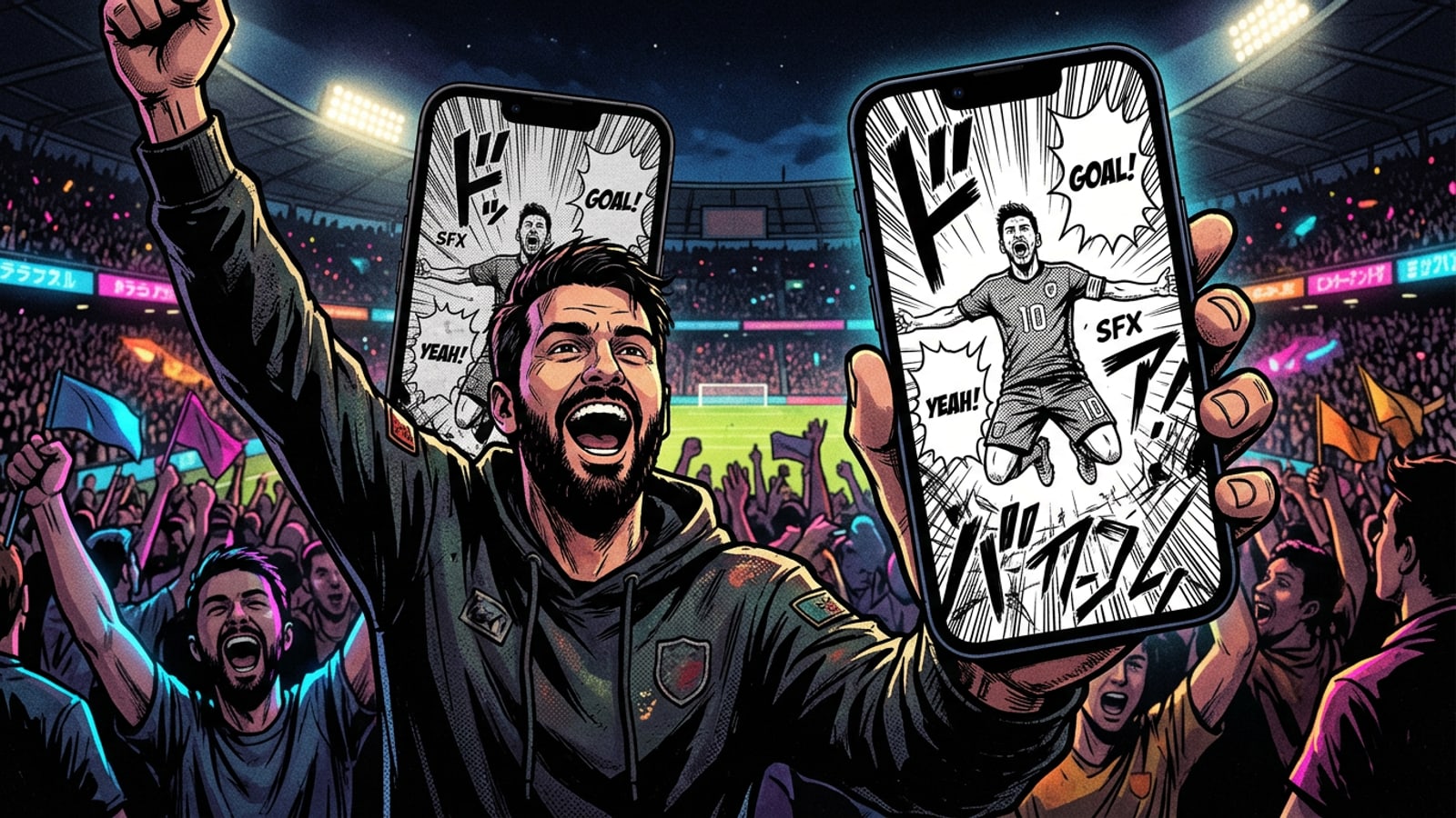 Um torcedor de futebol segurando um celular que mostra uma página de mangá de uma comemoração de gol no estádio com linhas de velocidade dramáticas.
