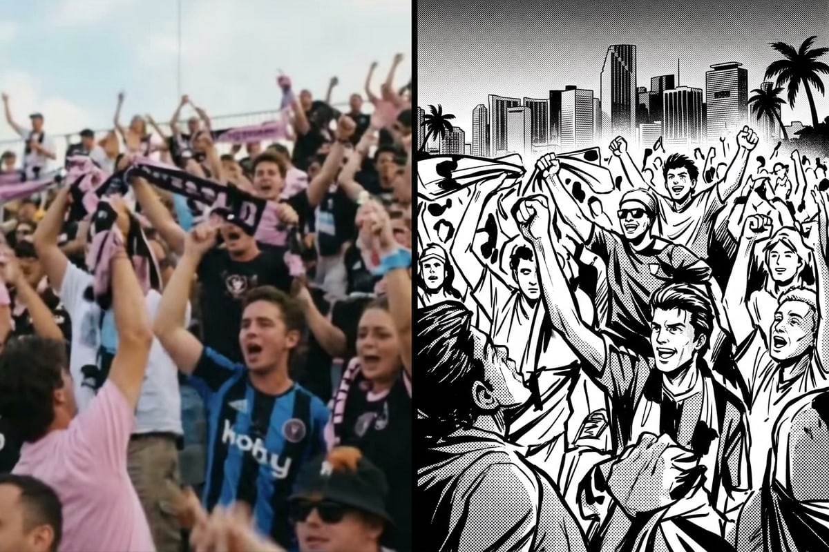 Comparison of a realistic stadium video frame and its transformation into a black and white manga panel.