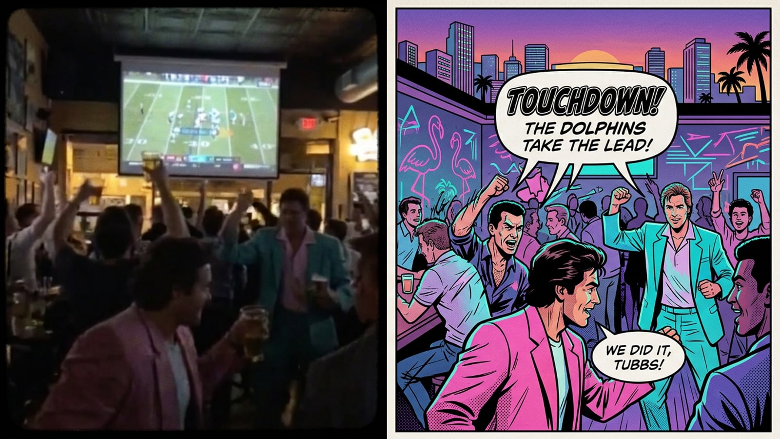 Confronto tra un video sfocato di un watch party e la sua versione stilizzata a fumetto tramite IA