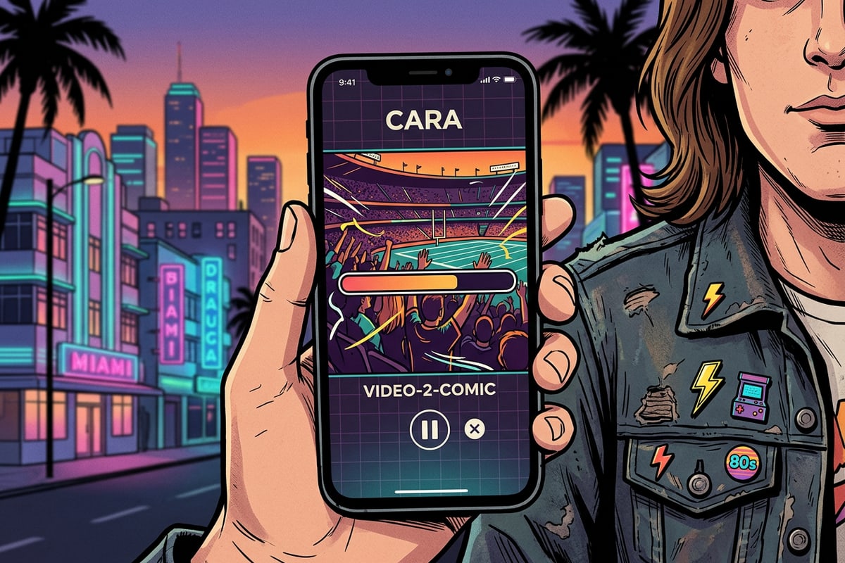 iPhone screen showing CARA app processing video to comic