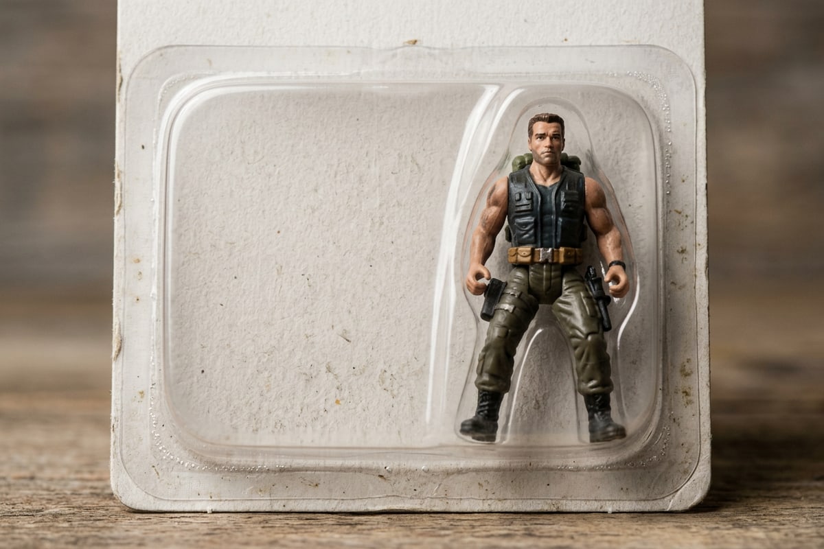 Close-up detail of glossy clear plastic blister packaging and molded action figure shell.