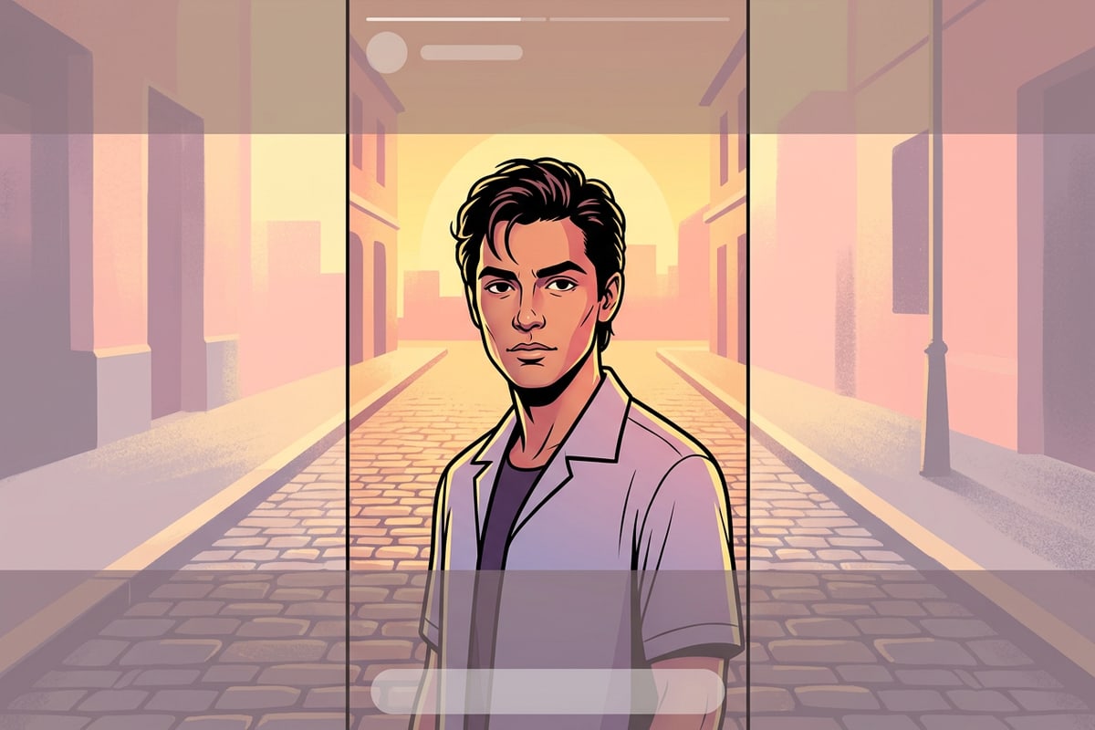 Diagram showing Instagram Story safe zone layout with translucent top and bottom overlay bands framing a centered subject.
