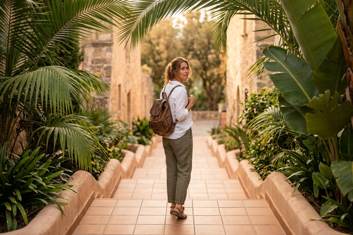 Photorealistic vertical portrait showing seamless top and bottom AI background expansion along an outdoor walkway.