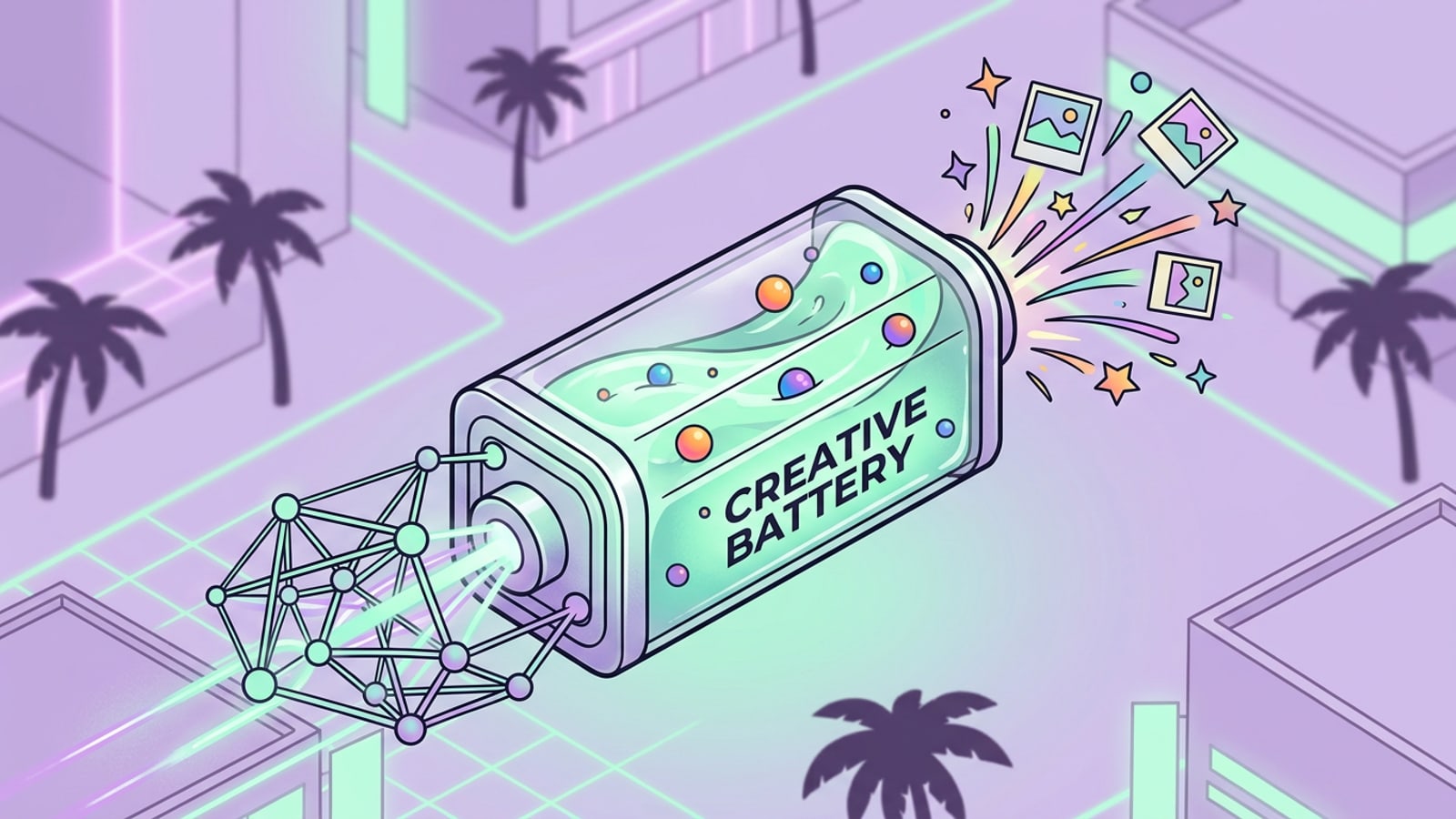 A glowing 3D creative battery icon filled with swirling points, representing AI energy.