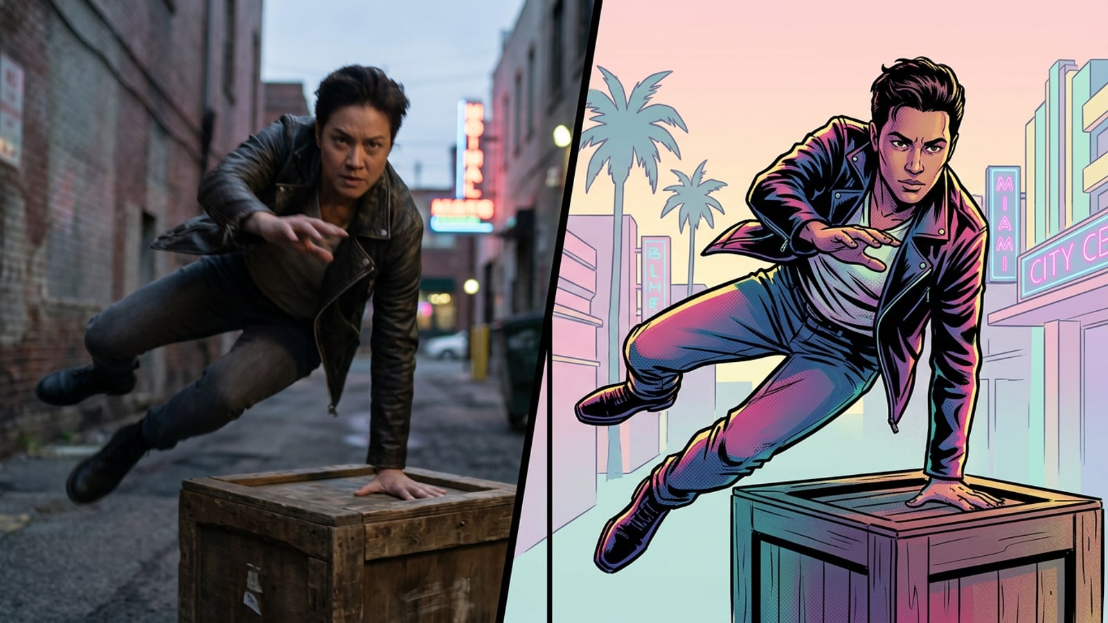 Comparison of a real video frame and its high-quality AI comic book transformation.