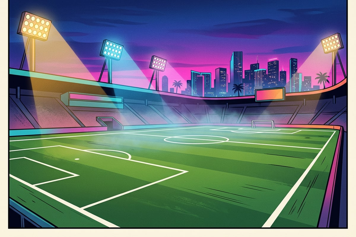 Illuminated football stadium pitch under floodlights