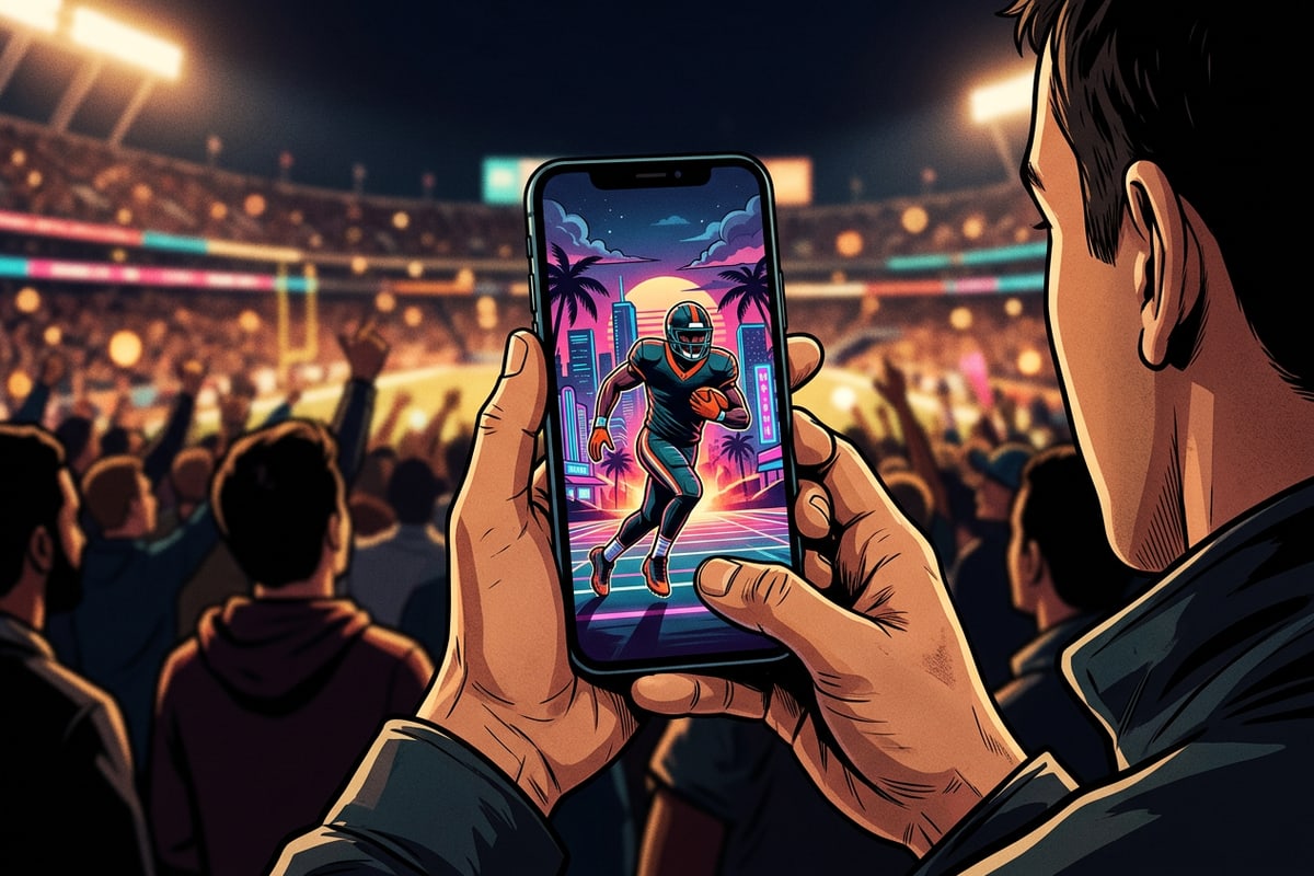Mobile phone displaying sports visual creation in stadium background