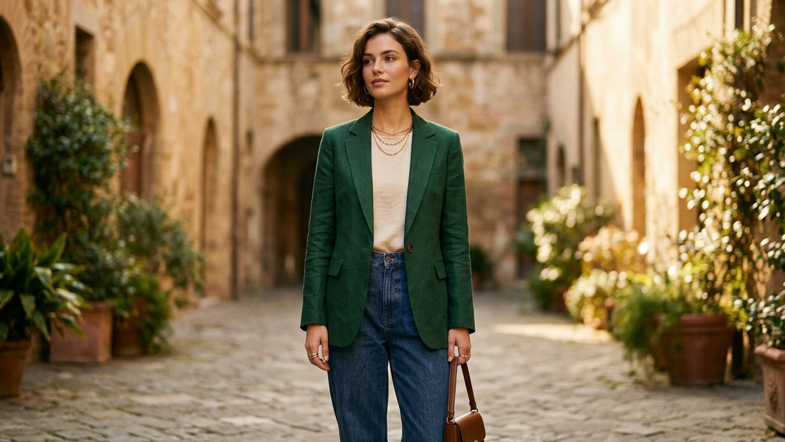 A fashion portrait of a person wearing a tailored emerald green linen blazer in a sunlit outdoor setting.