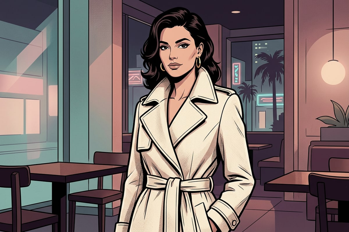 A refined portrait demonstrating realistic wool trench coat texture generated onto an existing photo.