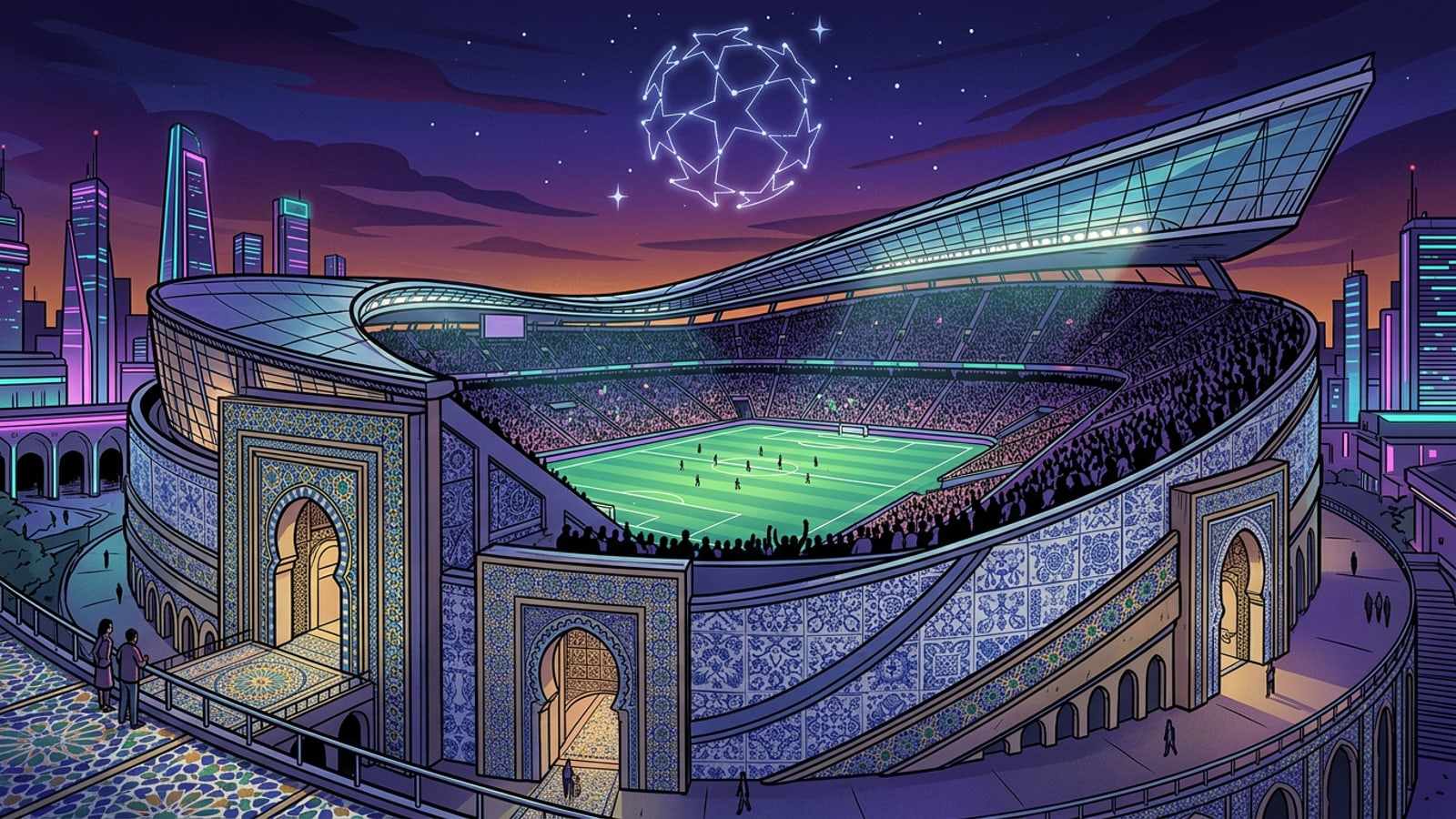 Un stade de football futuriste mêlant les styles architecturaux marocain, portugais et espagnol sous un ciel crépusculaire.