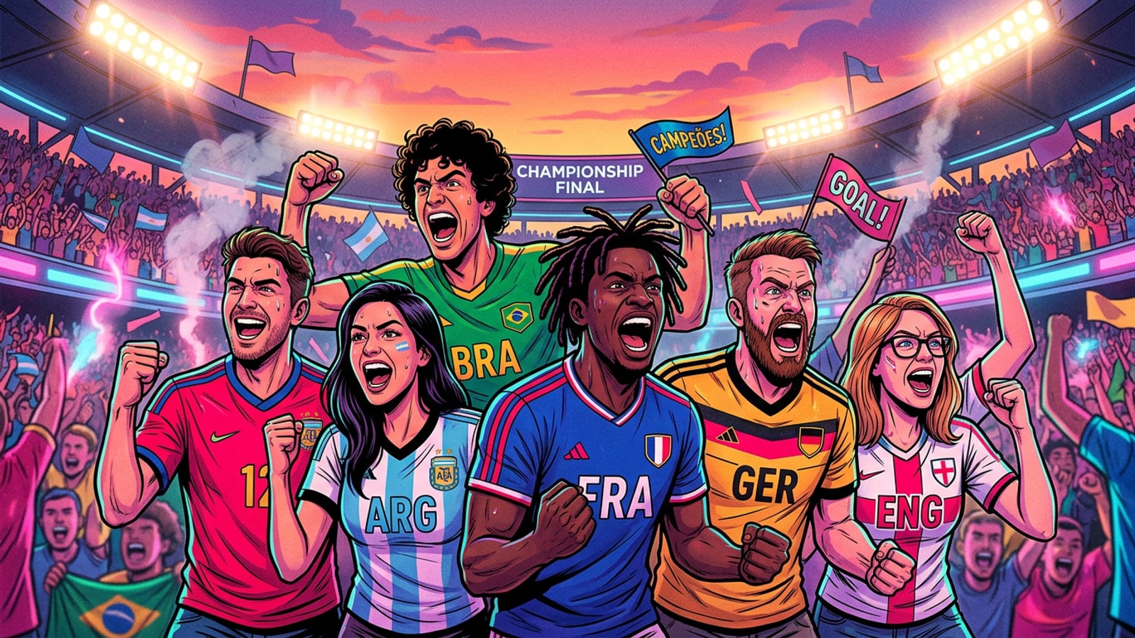 Excited football fans in a stadium celebrating the World Cup final