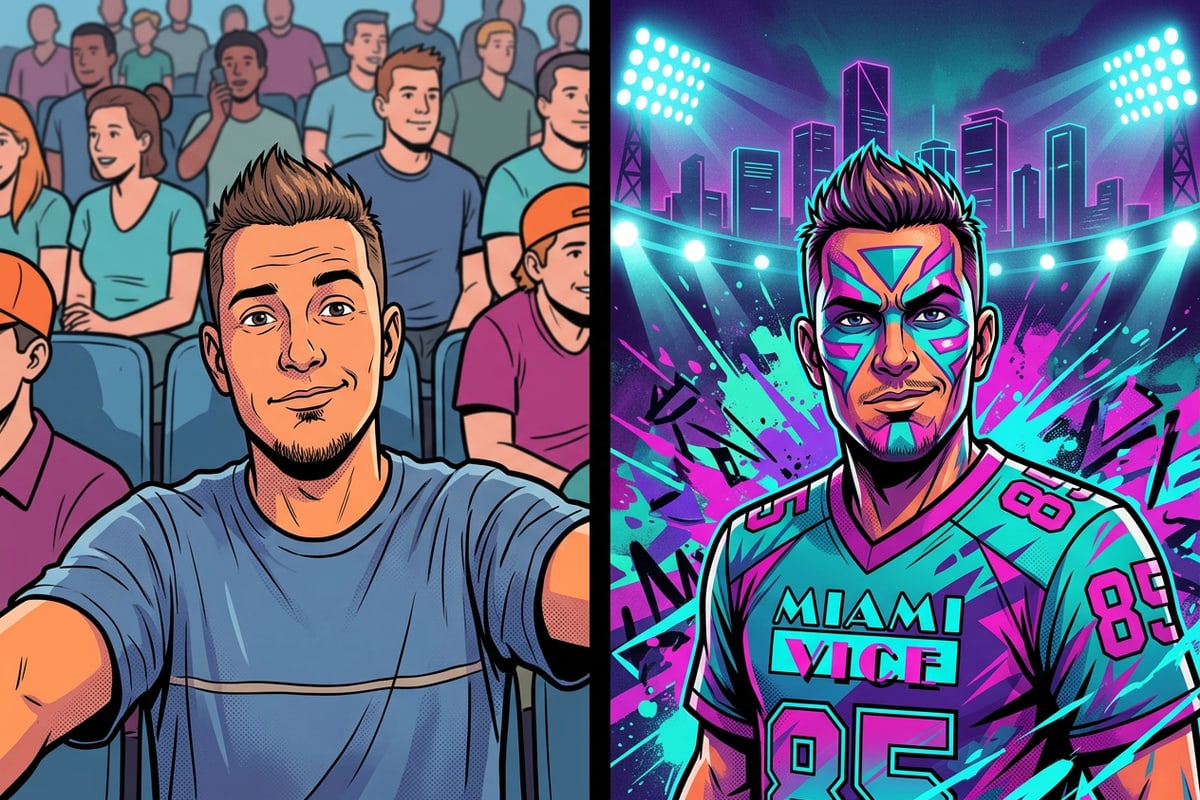 Comparison of a regular selfie and an AI-generated World Cup fan portrait