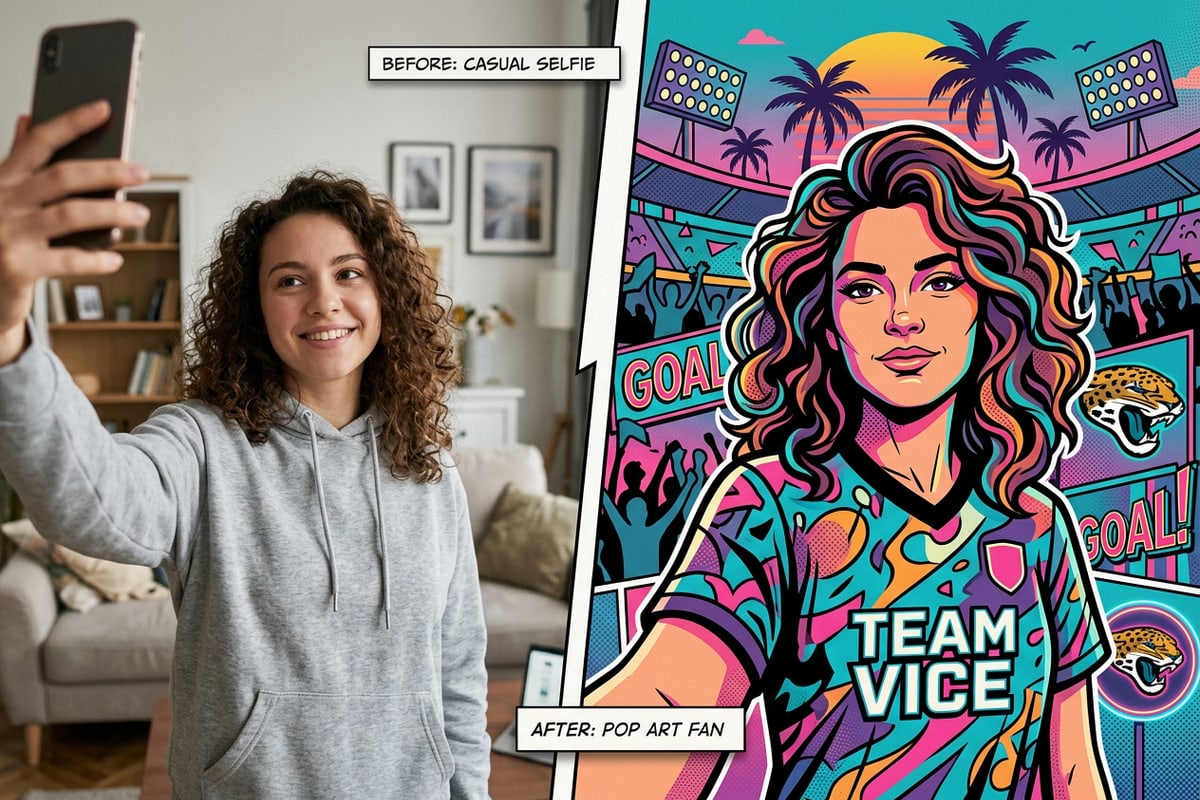 Before and after comparison of a casual selfie transformed into AI fan art.