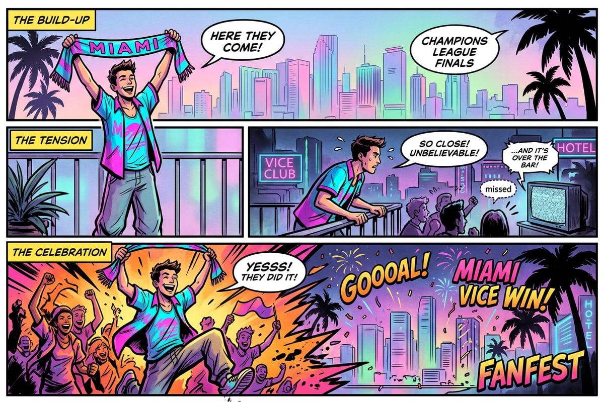 A comic strip showing a fan celebration transformed into artistic comic panels.
