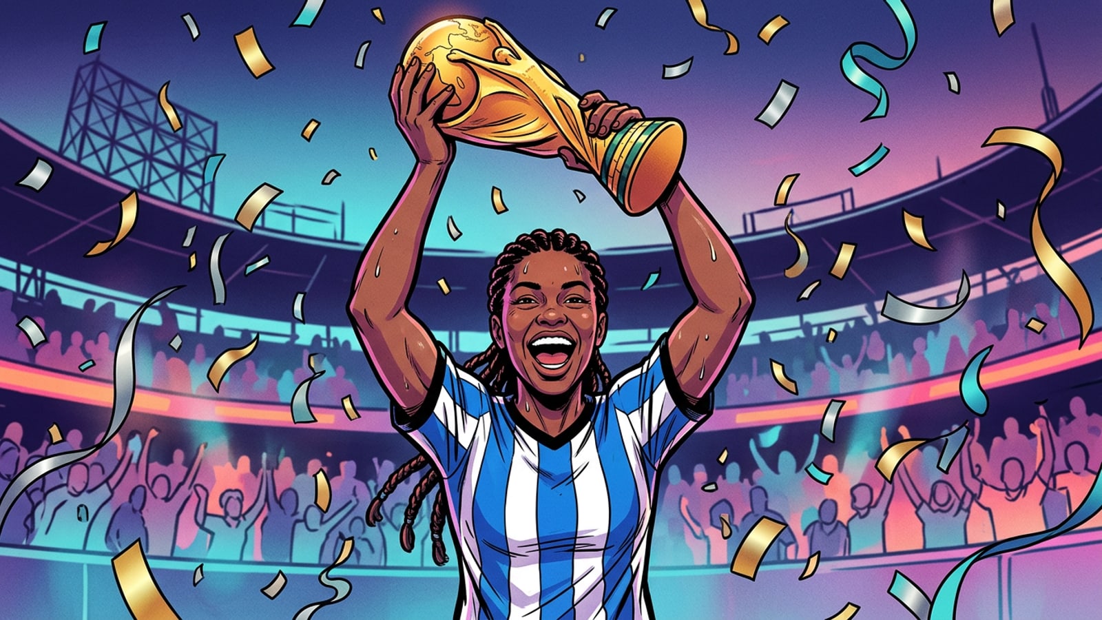 A soccer fan celebrating with a gold trophy at MetLife Stadium with confetti falling.