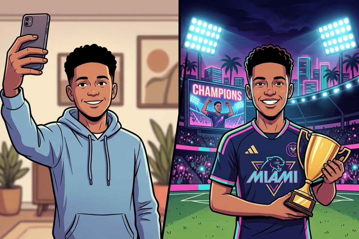 Before and after comparison of a selfie transformed into a professional soccer fan portrait.