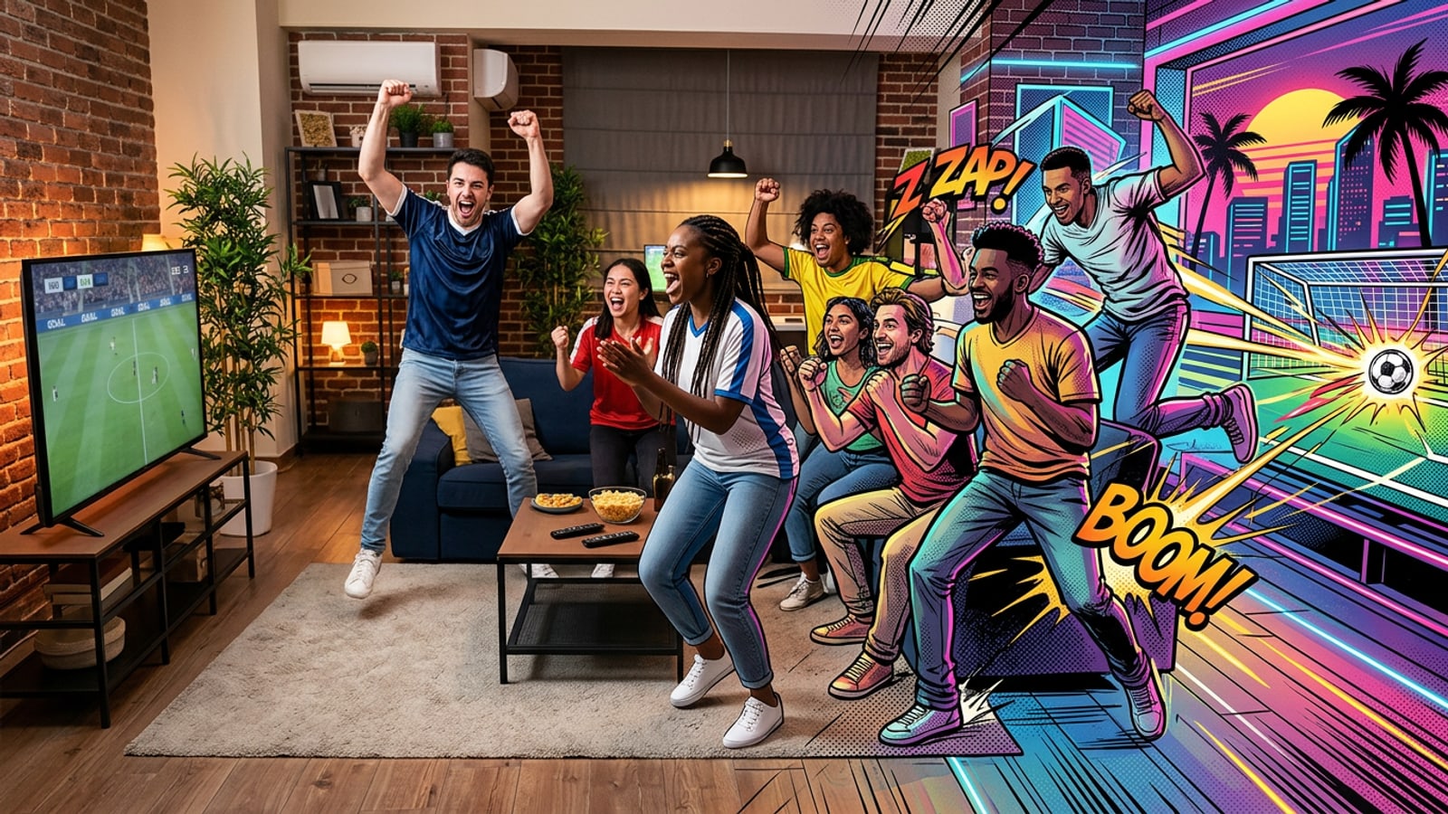 Uma imagem dividida mostrando uma comemoração real de watch party se transformando em uma ilustração de história em quadrinhos estilizada.