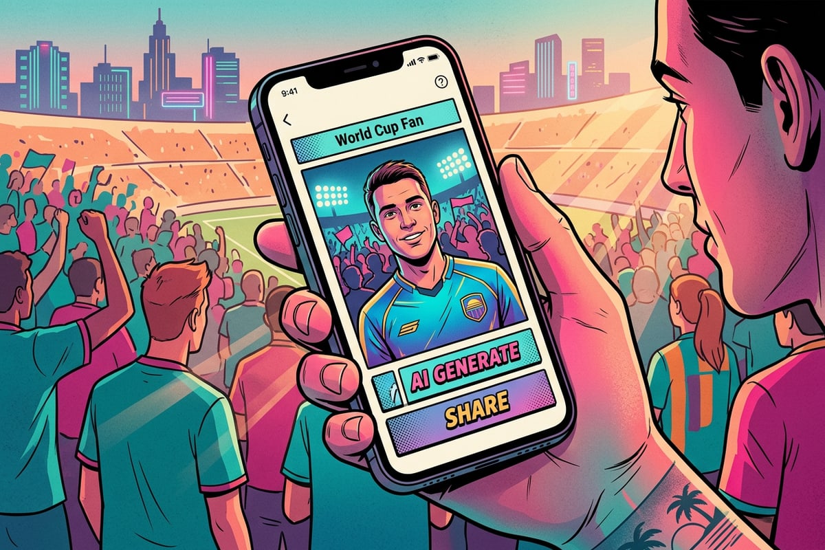A person using the CARA app at a World Cup stadium to generate a fan portrait.