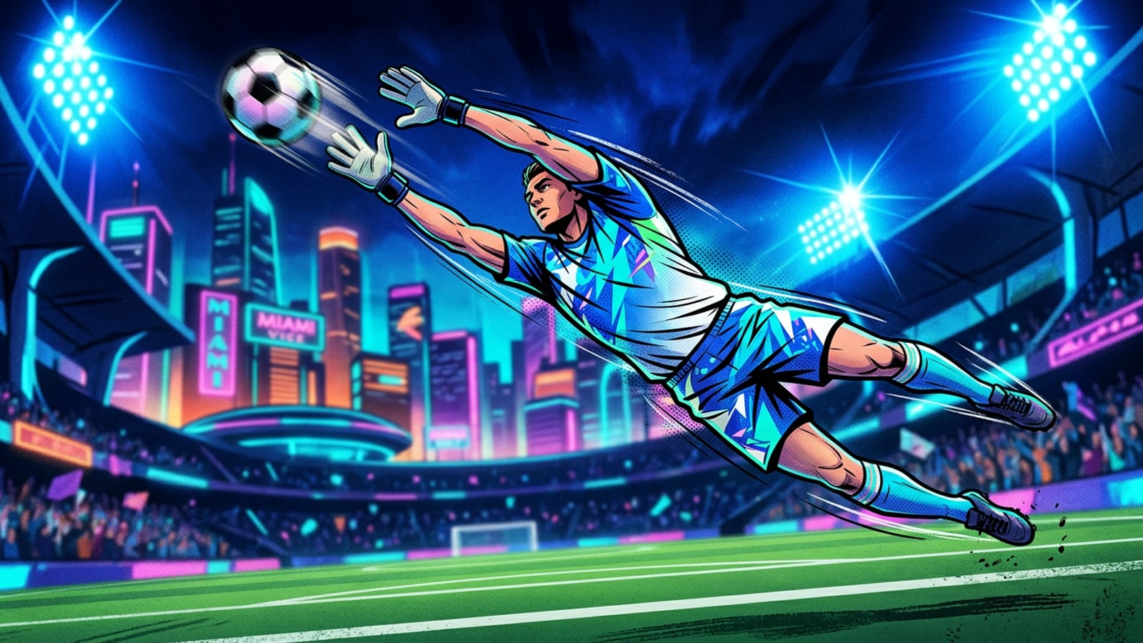 A heroic goalkeeper making a diving save in a futuristic blue-lit stadium.