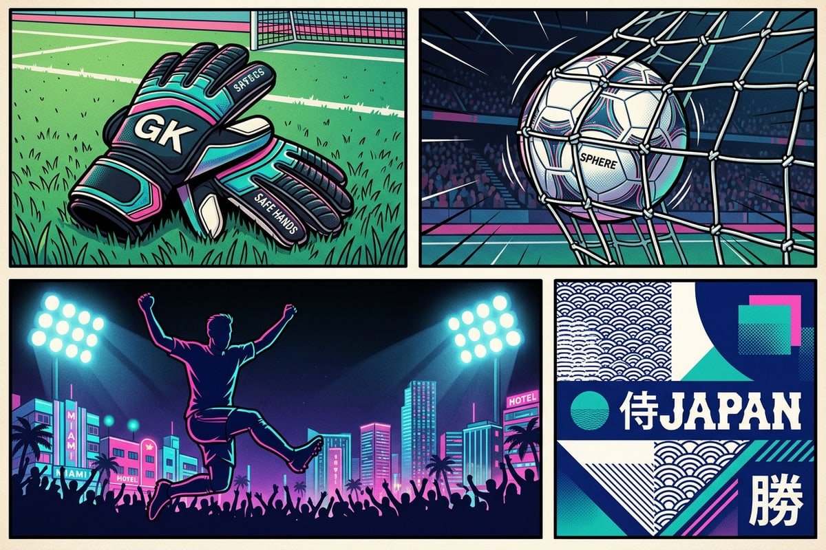 A modular bento-style collage of football equipment and stadium aesthetics.