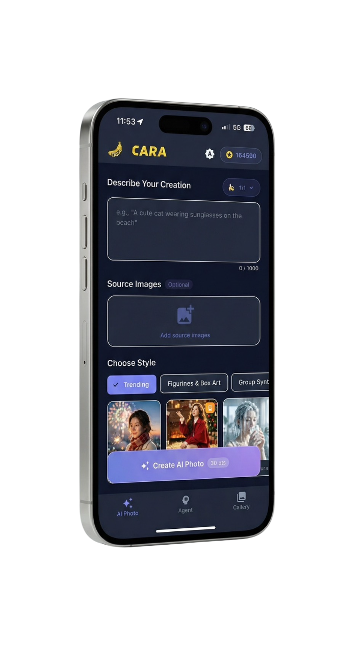 Cara app showing an AI photo prompt, source image upload and style selection on iPhone