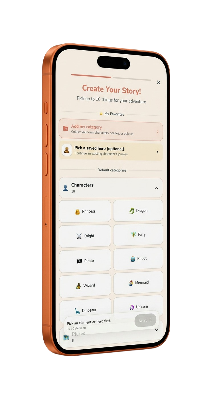 Luka story creator showing saved heroes and choices such as princess, dragon, knight, fairy and robot on iPhone